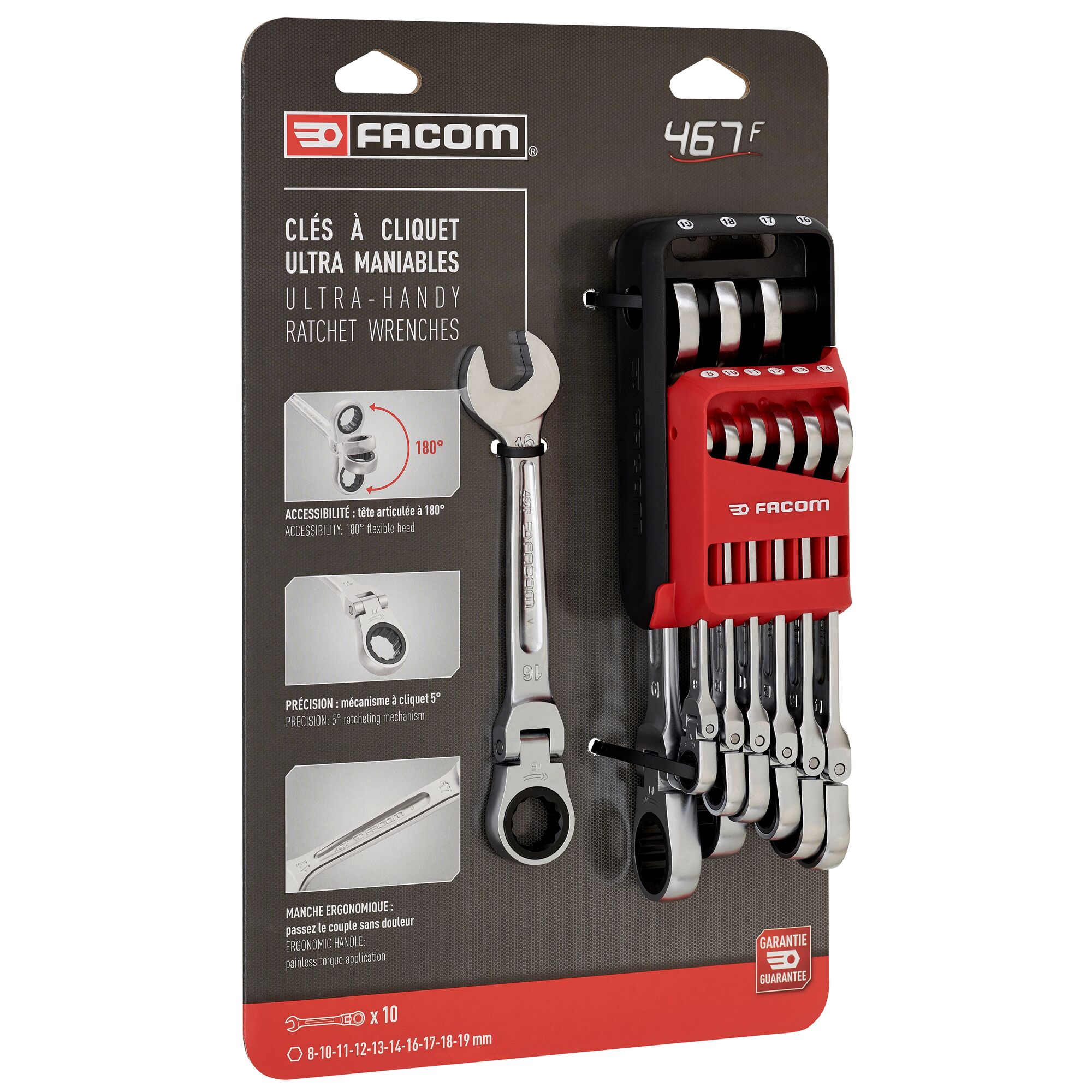 Photo of Facom ratchet wrench set 467BF.JP10PB, 10-piece metric, in red and black holder, front angle on white background.